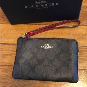NWT Coach brown and red leather wristlet